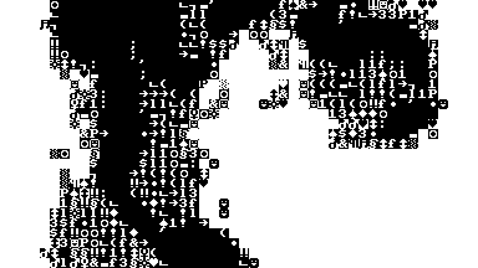 Image: A generative composition made out of tiny 8x8 glyphs from the IBM CGA font, in black & white, 1 bit per pixel. Its shape gives an impression of some sort of top-down coastline of a peninsula.