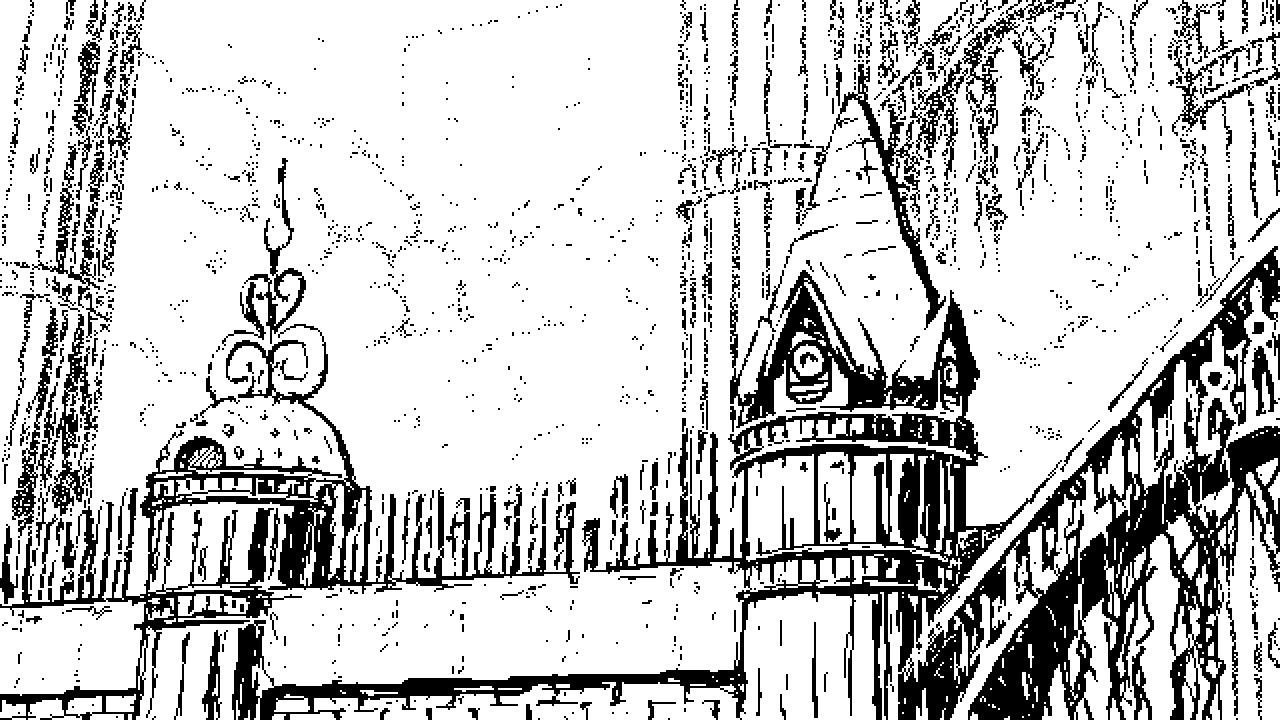 Image: A stone wall connected with two towers with some grooves running vertically on their shafts. A diagonal bridge-like structure with an intricate framework connected to one of the towers, overgrown with hanging foliage. Several massive pillars, much bigger in diameter than the towers, can be seen up ahead in the distance. There is no one here—these ancient structures have stood there for centuries. Thick clouds spread across the sky; behind them a vague silhouette of a superstructure. Nothing but light rain and faint, calming wind.