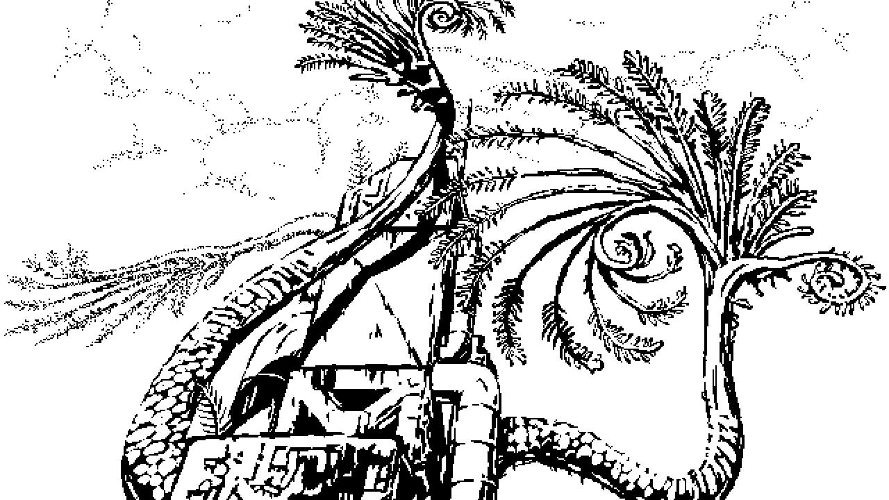 Image: Beautiful tree-like flora that grows on a towering piece of old machinery. The plants resemble some sort of huge hands with 15-ish twisted fingers that spiral off in different ways like those L-system curved fractal trees; with each branch like a feather, the entire thing becomes a tail of a peacock. Some occasional ferns dapple the floor here and there. We must be pretty high up. Here, one can feel the purity of the air and the clarity of the clouds.