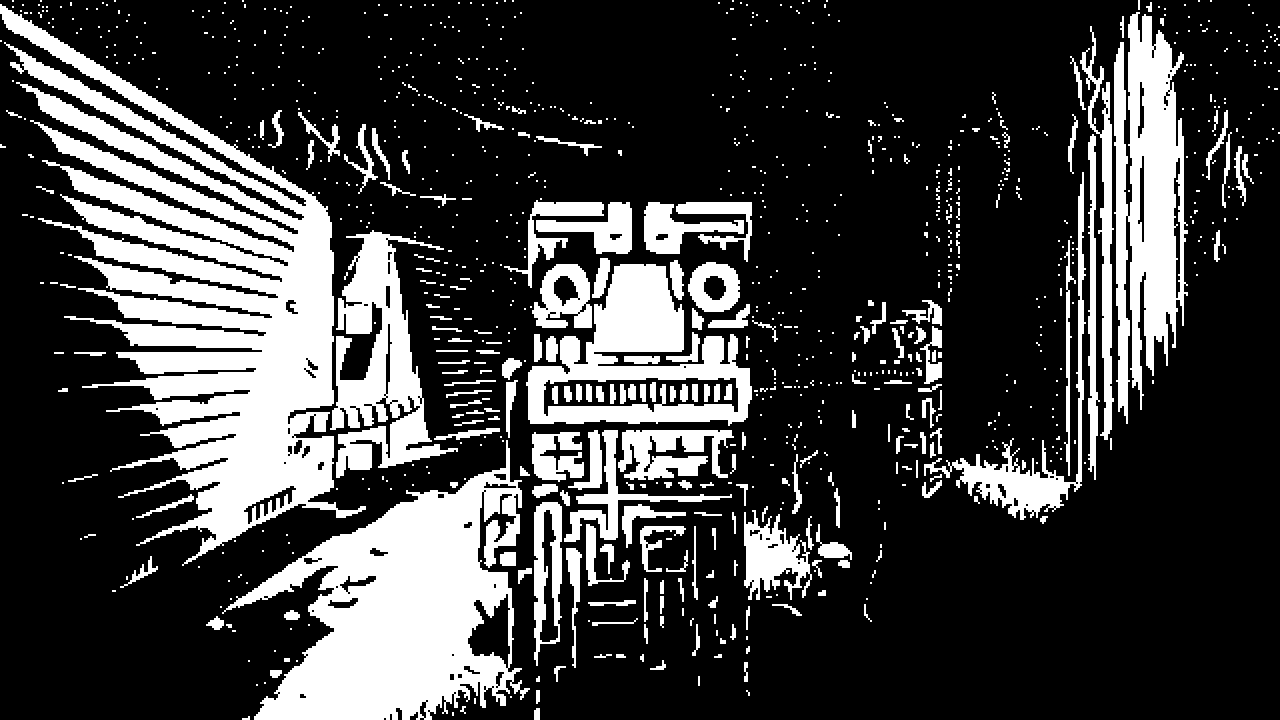 Image: Dappled, overexposed sunlight describing the defocused shape of a ground fissure on the surface, falling against the architecture in a dark, underground tunnel. The central part of the image is occupied by a stone statue with a very square head, large nose, wide mouth, and a hand that holds some sort of a spear. A similar statue can be seen a bit further up ahead next to two large pillars that reach all the way to the ceiling. This ancient architecture is contrasted by a line of train wagons coming from the distance. The sunrays reveal numerous little particles floating in the air; a thousand little grains against the solid, featureless darkness.