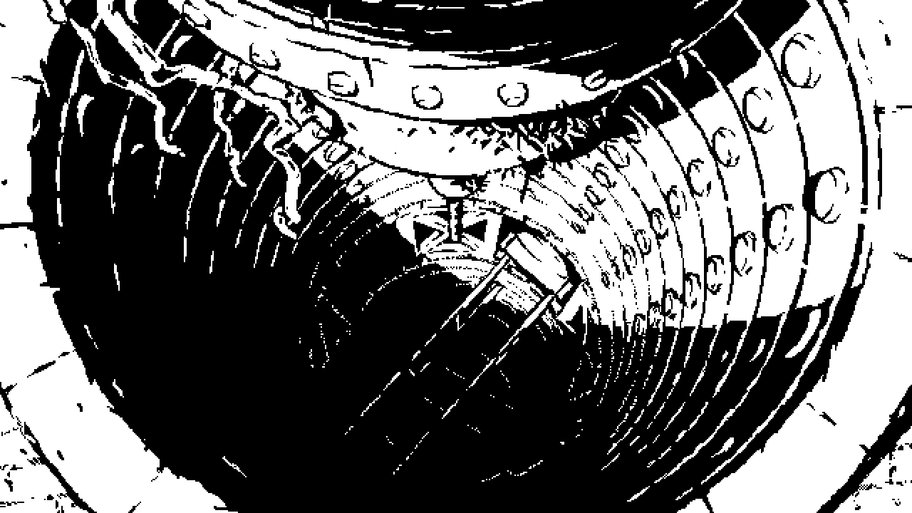 Image: A long elevator shaft seen from above. The glancing sunlight hits its circular wall segments at an angle, but doesn't reach very far—from our point of view, the pit might as well be bottomless. Deep down we see glimpses of some bridge-like structures that connect the openings in the wall of the shaft, but that's about it; anything deeper is covered in total darkness. On the surface, directly above the opening hang the remains of a mechanism, covered in creeping vines. It looks like the mechanism is missing some bits that perhaps fell down into the abyss.