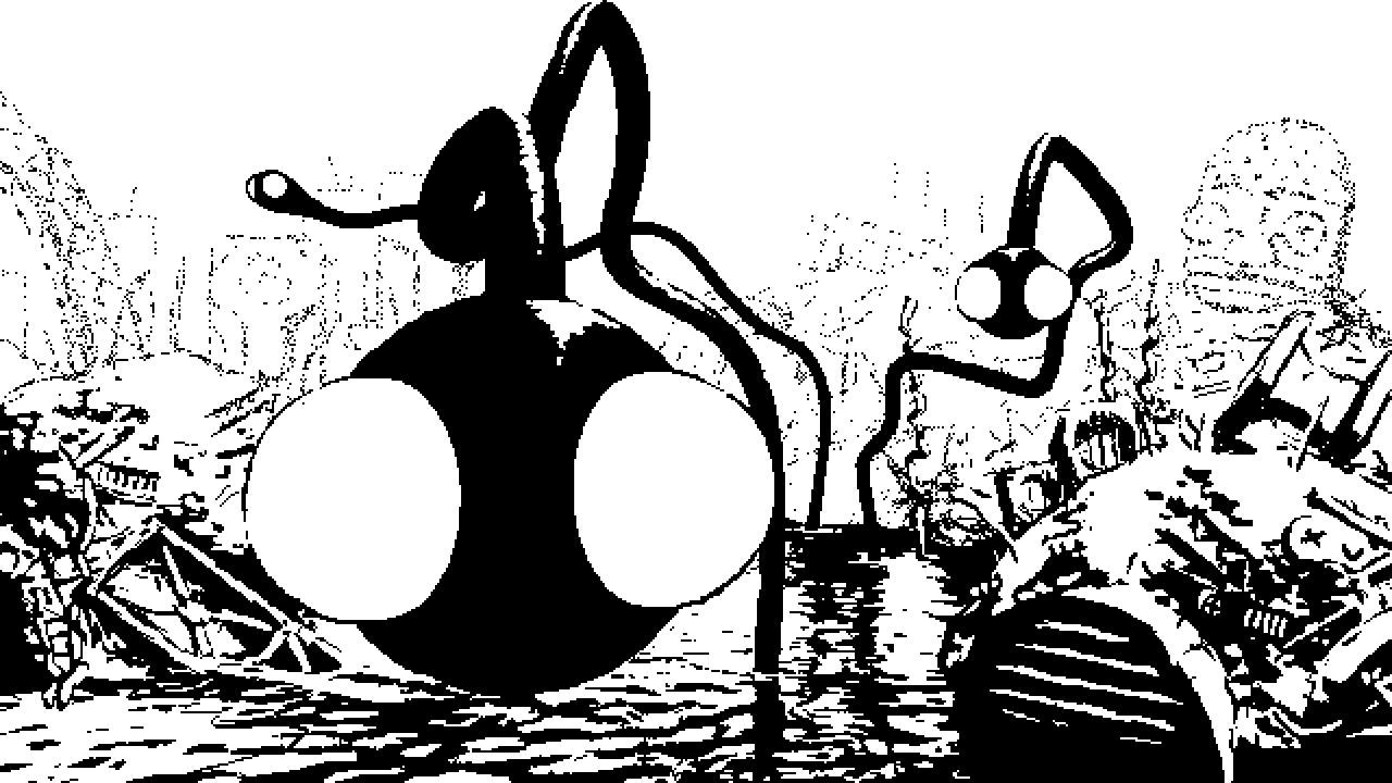 Image: A pack of eel-like creatures with long and wiggly bodies peeking out of the murky water, observing the viewer with great curiosity. Mostly biological beings which evolved from garbage-sorting purposed organisms, they primarily feed on plastics and metal prevalent in the dirty pools. The endless savannah-like landscape of towering trash hills battered under the rain and sun is a dangerous place, though one thriving.