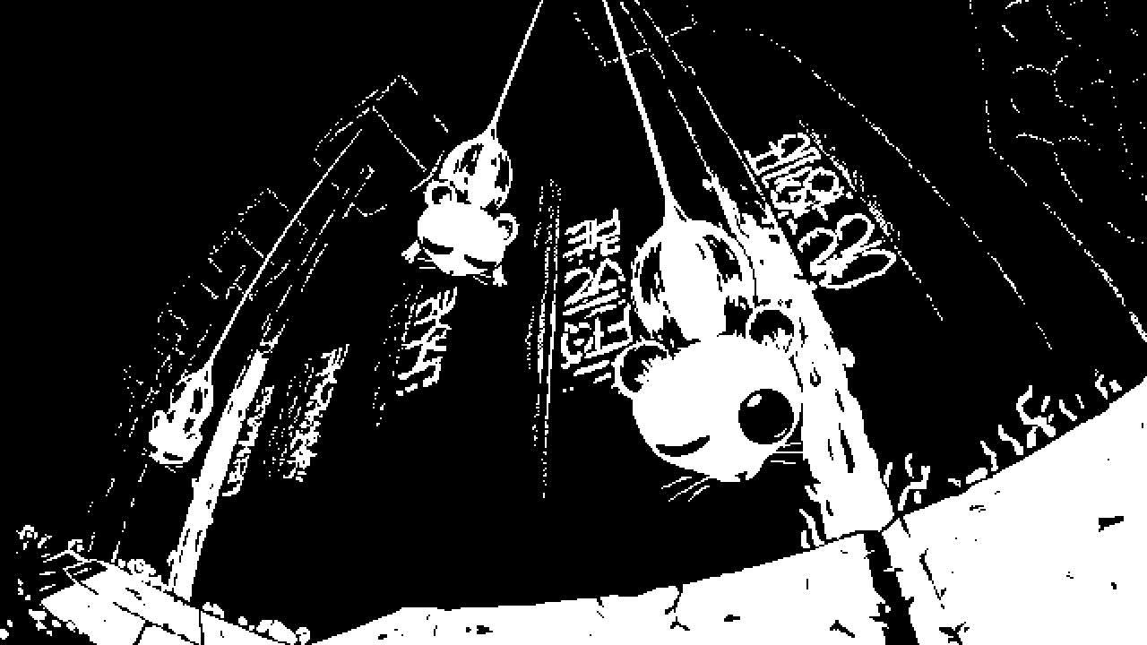 Image: A desolate, pitch-black dungeon, illuminated solely by the faint glow of neon signs with alien-looking symbols etched on the back wall and the radiant light emitted by three specimen of a rodent-like species that has the ability to glow in the dark. Two of the mice are peacefully sleeping, suspended from the rugged ceiling by their long, stretchy tails, while a third mouse, positioned closer to the foreground, remains vigilant with one eye open, casting a soft, ethereal glow that pierces through the gloom.