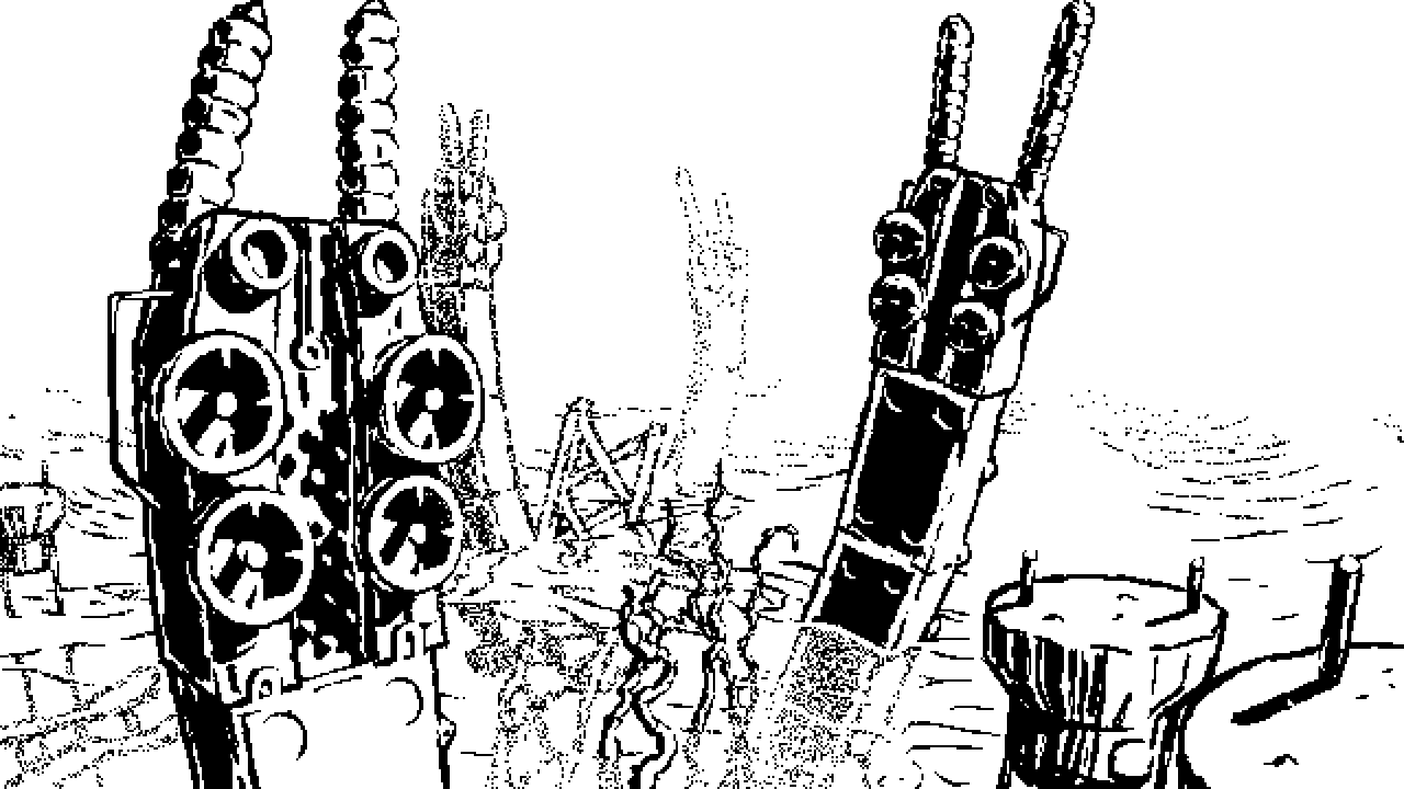 Image: Strange mechanical serpents peek from the murky water among a pile of rubble; their heads are covered in some sort of gears and elongated bug-like antennae. We seem to be in the middle of nowhere: a gigantic stretch of water engulfed in thick, blinding fog from every direction. A calm breeze carries the waves off into the distance.