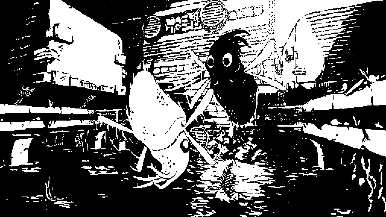 Image: Two cephalopod-like creatures with insectoid wings playing with each other by spinning around in circles among the flooded ruins of a train station. There's something yin-yang-ish in their colors and the way they are rotating in the air. Their quick and blurry movement contrasts with the threatening stillness of the scene—massive train wagons hang above a collapsed bridge, almost by a thread, as if a tiny breeze could push them from the tracks into the lake below. Some sunlight pierces through the ceiling; the scene almost looks like an oasis in this dilapidated landscape.