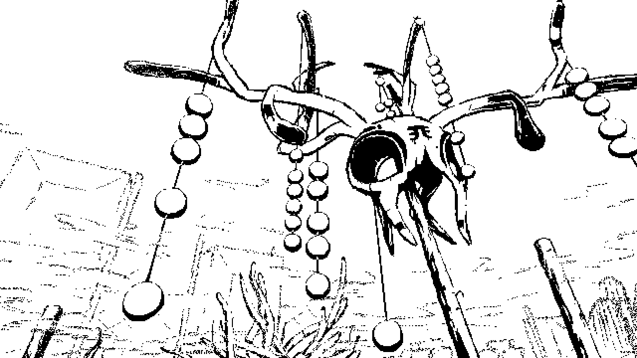 Image: A decorated skull of a deer-like animal, stuck on a tall pole amidst crumbling landscape. Its bones are embellished with various painted ornaments and an ancient symbol in the middle of the frontal, all done with a thick coat of some blood-like substance. Shiny data pearls with holes crudely burned through their centers hang from the antlers, twinkling, tied together in chains with some sort of twined plant fiber. An uncanny aura envelops the totem, where wisps of smoke and mist dance in the air, shrouding the plantlife.
