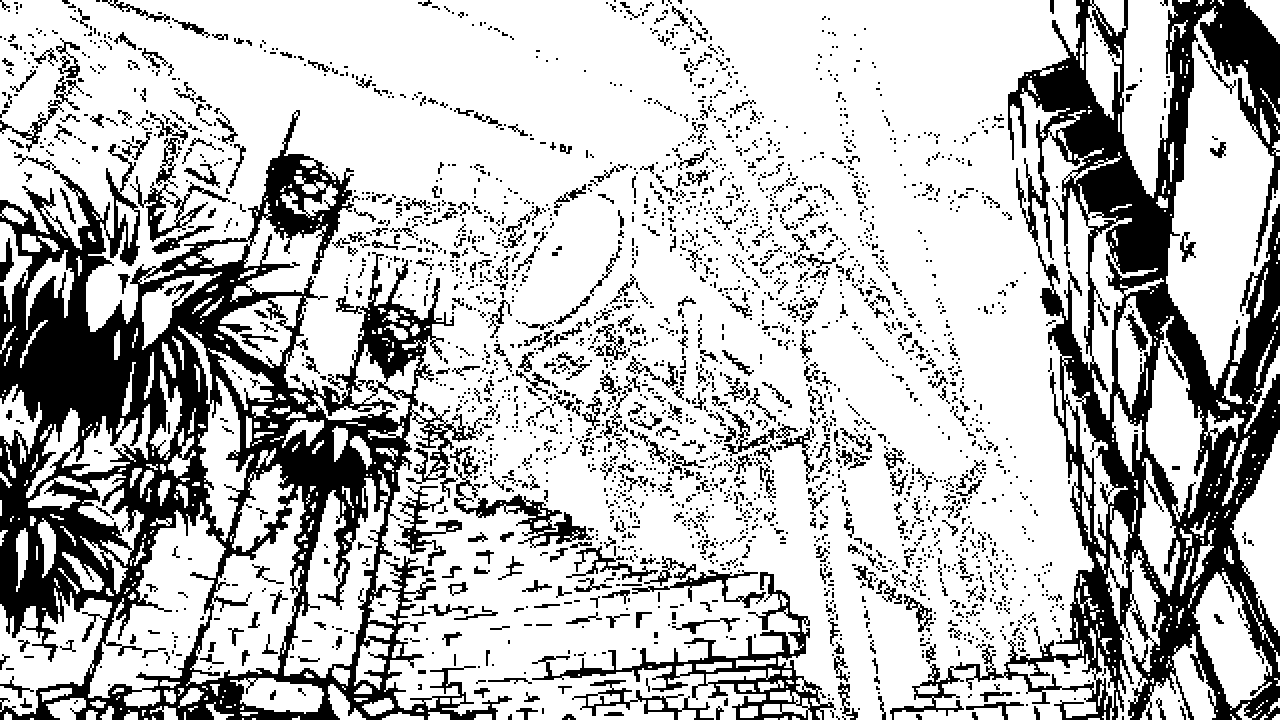 Image: A view from the ruins of an old building. Its interior is a home to some bush-like species of plants with vines entwining the branches. The walls are worn down and decayed; a pile of rubble on the floor is what remains, but this gives way to a vast landscape up ahead. We don't see far into the distance, as the fog covers nearly everything. The crumbling temple looks outward in silence to some equally crumbling gigantic piece of machinery. A railway viaduct suspended in the air by a line of giant pillars stretches into the distance, carrying a caravan of train wagons. A transit control tower looms up above in front of a layer of thick clouds.