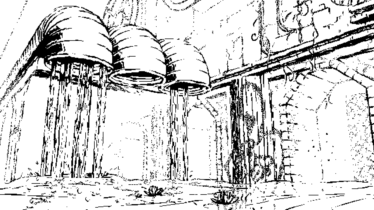 Image: Water flowing from wide, rusted pipes, falling into a small reservoir that covers an entire floor of an old building. It spans several corridors that go off into the distance, embellished with sparse foliage, stone columns, and faded graffitis. Some old machinery near the ceiling: never-ending pipes and huge valve wheels.