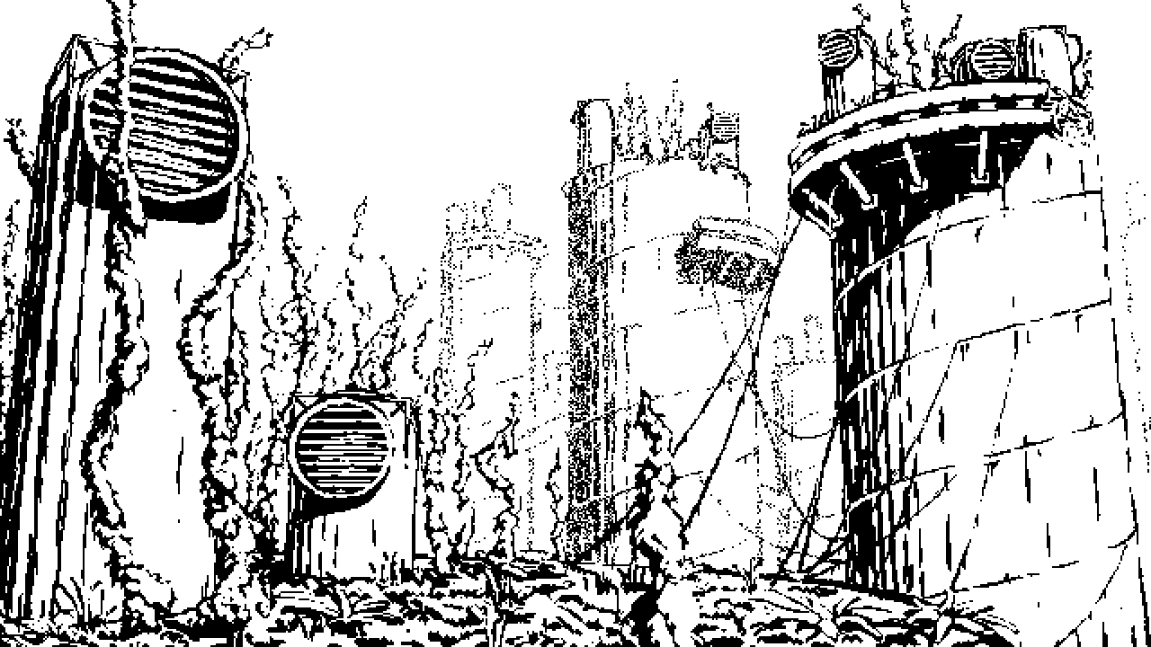 Image: An industrial landscape. Alien-looking coral-like foliage thrives on the tops of soaring, spiraling spires. The atmosphere here is so thick that we can't see the bottoms of these; we might as well be miles above the facility, and the fall would certainly be deadly. The towering chimneys used to exhale something from the numerous vents scattered atop, but it's been centuries since they've functioned.